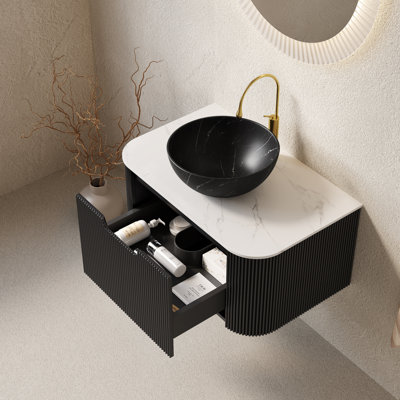 Meuble-lavabo de salle de bain et lavabo 30 po avec bordures incurvées avec tiroir, cuve en céramique noir mat et plateau en pierre frittée blanc de Carrare, pré-assemblé, noir