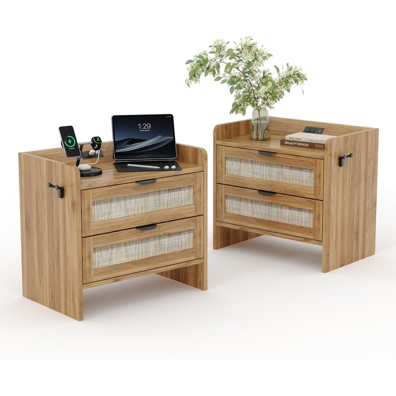 Rattan Nightstand Set of 2, Boho Bedside Table with USB Charging Station & Storage Drawers, End Table or Side Table for Bedroom, Office, Living Room