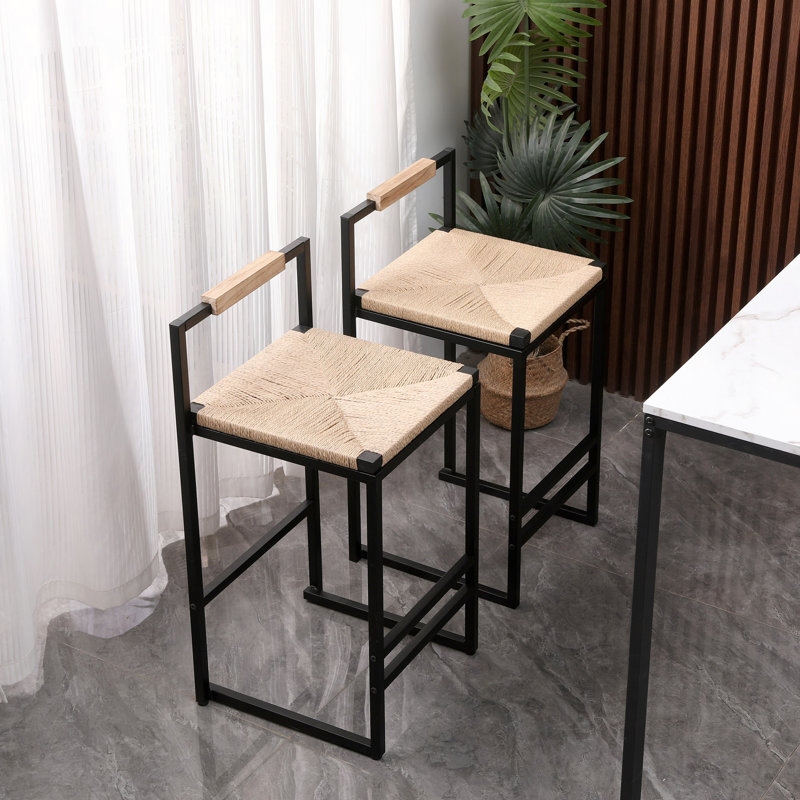 Set Of 2 Bar Stools With Back  Paper Rope Woven Counter Height Dining Chairs For Kitchen, Home