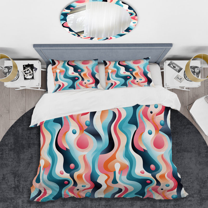 Literie en V rose et bleu Mid-Century, Housse de couette simple + 1 taie décorative stan