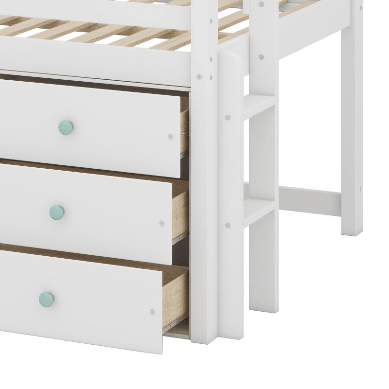 Structure de lit double pleine grandeur en bois massif avec glissière, 3 tiroirs, 2 portes et garde-corps de sécurité, aucun sommier nécessaire
