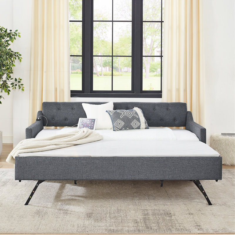 Twin Size Upholstery Daybed With Twin Size Erectable Trundle And USB Charging Design, Linen Dark Gray, Dark Gray