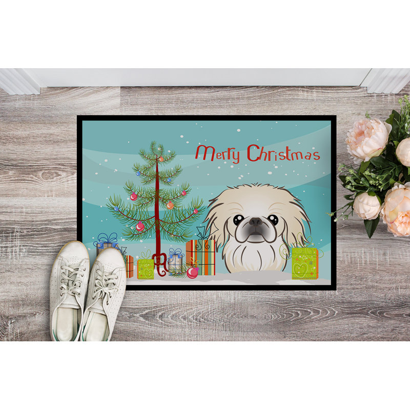 Paillasson d’extérieur antidérapant en forme d’arbre de Noël et Pekingese, Rectangle 2 pi x 3 pi