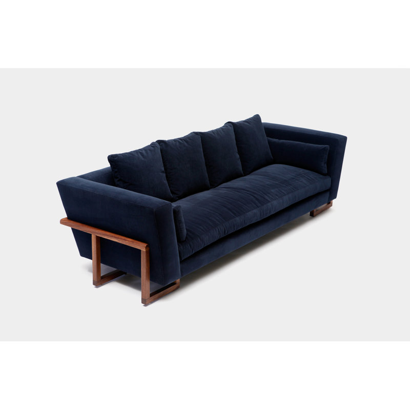 LRG Velvet Sofa, Deep Blue Aged Velvet, No Trays, Walnut
