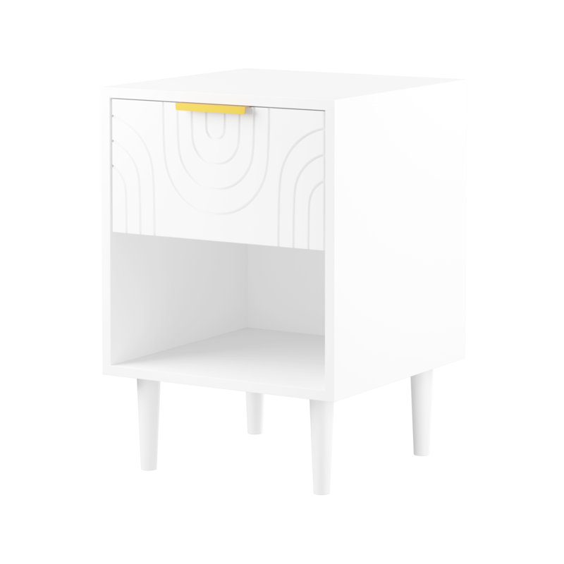 22.92'' H White Modern Nightstand With One Drawer And Open Shelving, Gold - Trimmed Knob, Bedroom Decor Element, Legs 22.92