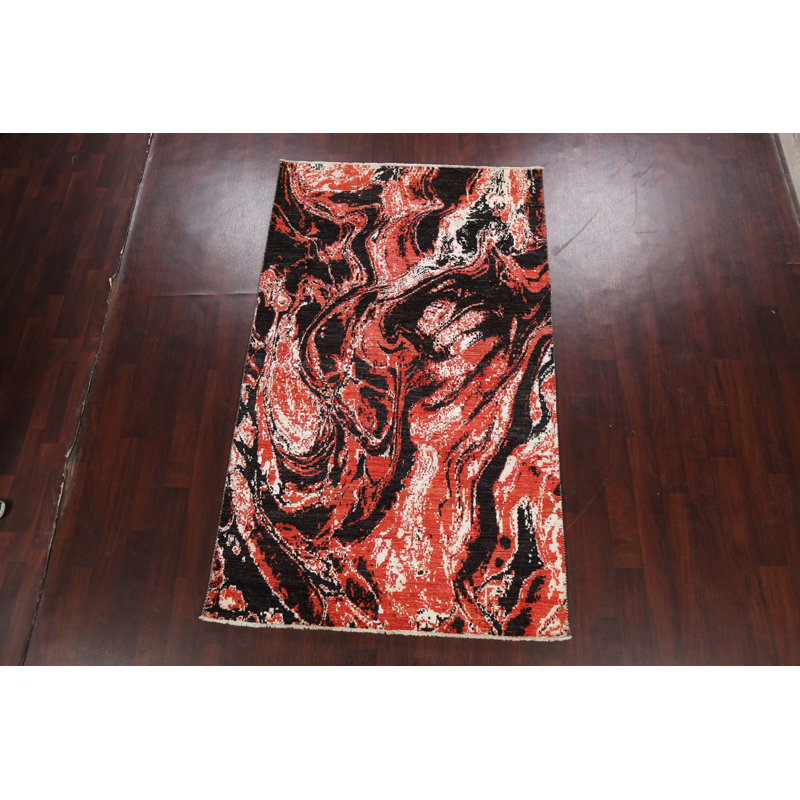 Tapis rouge / noir noué à la main de conception unique 4 pi 11 po x 8 pi 2 po Sorica