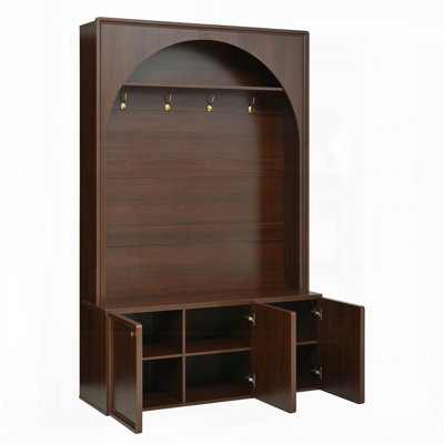 ON-TREND Farmhouse All-In-One Hall Tree With Adjustable Shelves, Retro Arched Entryway Storage Bench, And 3 Cabinets