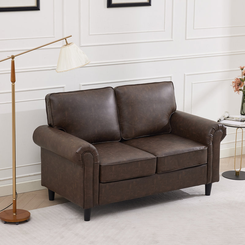 Luelle 61" Upholstered Loveseat Faux Leather Sofa Rolled Arm, Brown