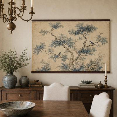 Tapisserie japonaise représentant une grue avec support en bois – Décoration murale d'inspiration asiatique