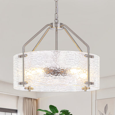 Lustre tambour 5 lumières moderne noir avec abat-jour en verre martelé transparent pour îlot de cuisine