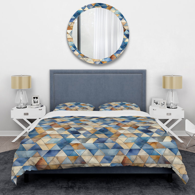 Natural Tones Grey And Beige Mosaic Geometric Shapes Duvet Cover, Twin Duvet Cover + 1 Standard Sham, Geometric Shapes 22