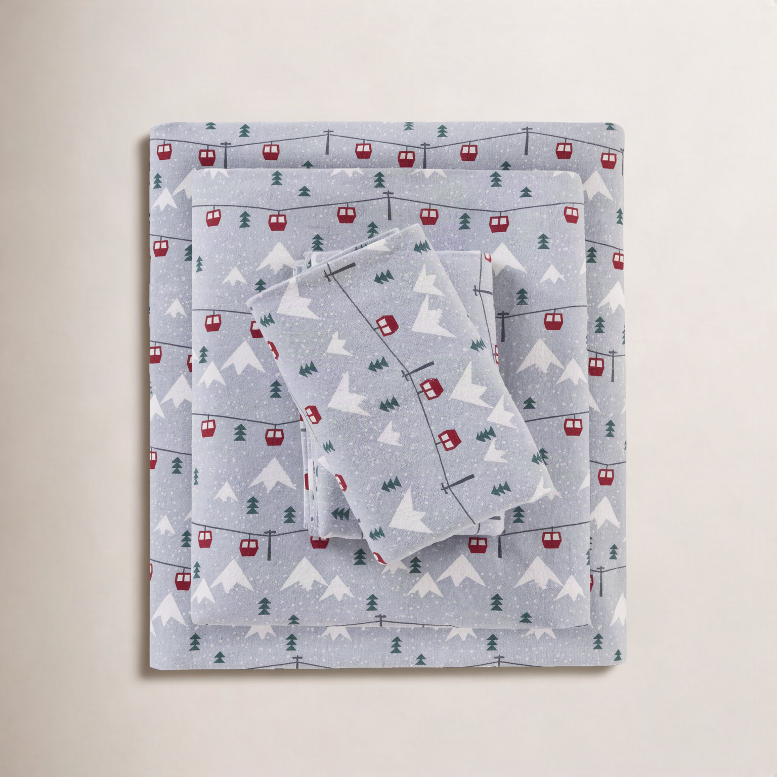 Woolrich Cotton Flannel Sheet Set, Queen Sheet Set with 2 Pillowcases, Light Gray/Red/Green Christmas Tree