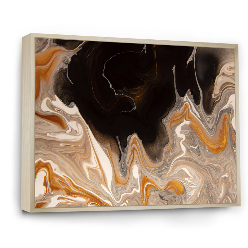 Vagues de marbre brun et noir - Peinture sur toile, H 30 po x l 40 po, Cadre flottant en érable