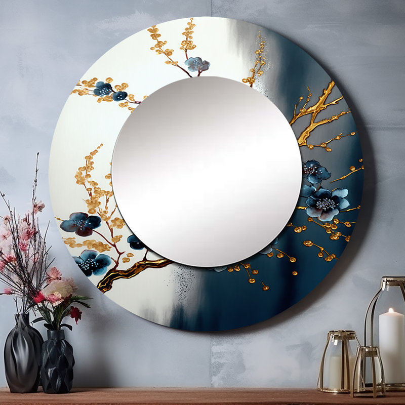 Quayshaun Blue Cherry Blossom Branch V - grand miroir mural, miroir mural décoratif rond moderne, impression d'art en métal