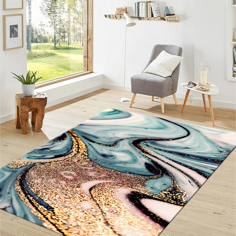Soft Pile Printed Rug with Abstract Waves and Swirls Design Perfect for Adding a Touch of Modern Style to Your Living Room or Bedroom