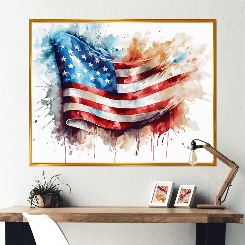 «Waving American Flag», reproduction sur toile, H 12 po x l 20 po, Cadre flottant doré