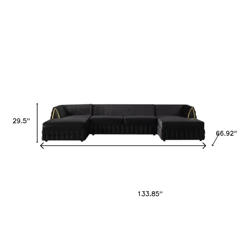 Canapé modulaire en U et méridienne en velours noir avec coussins décoratifs