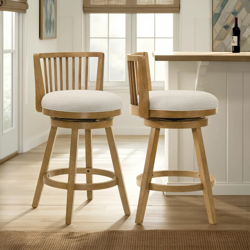 Tabouret de bar en bois d'hévéa à hauteur de comptoir ou de bar avec siège en tissu Drumrankin - ensemble de 2, Brun, Beige