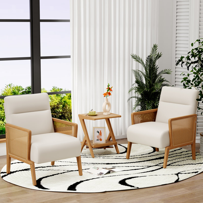 Upholstered Accent Chair With Rattan Arms And Solid Wood Legs, Beige