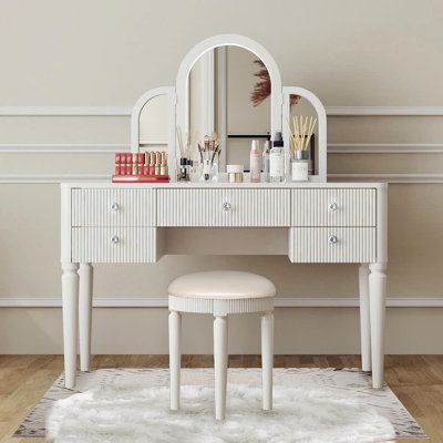 AGODY Mirrored Vanity With LED Light, Bedroom Makeup Vanity Table Set White For Bedroom/Makeup Room, Working Desk Furniture Combo, Vanity Table Makeup