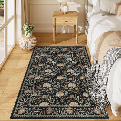 3x5 Area Rugs, Lightweight Vintage Floral Washable Rug for Entrance, Non Slip & Low Pile Indoor Mat Soft Small Floor Carpet for Kitchen, Hallway, Bedroom, Bathroom, Nursery, Office, Black