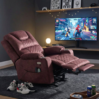 Fauteuil de massage surdimensionné en velours à imprimé inclinable avec porte-gobelets et ports USB et Type-C