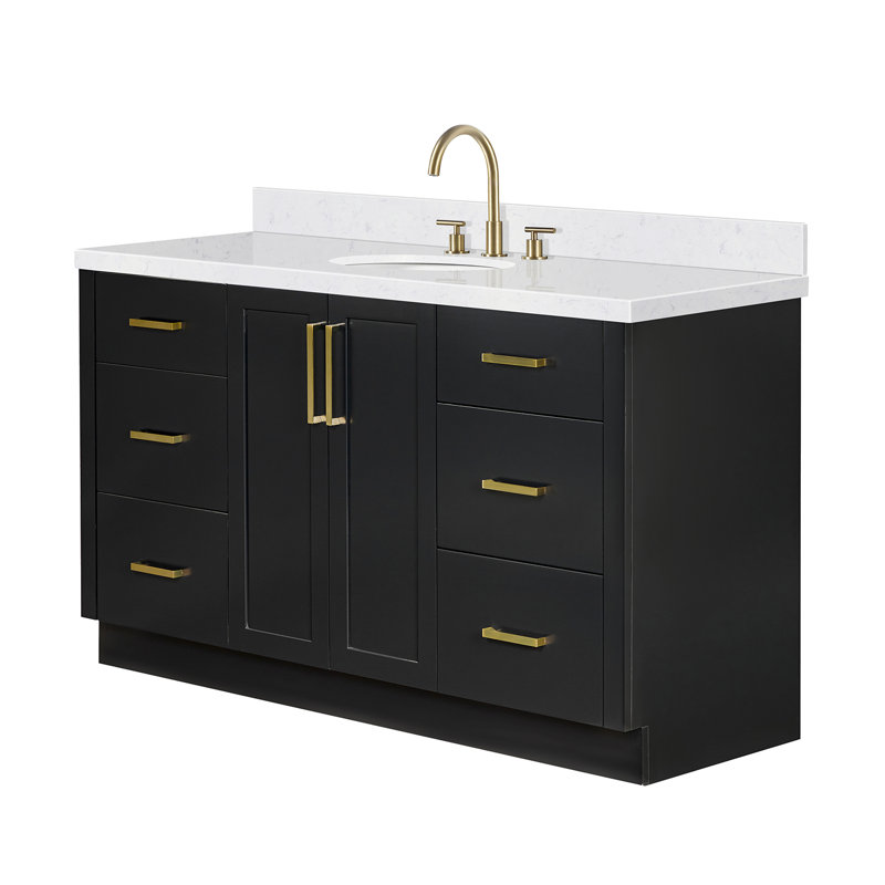 Meuble-lavabo ovale simple de 60 pouces avec comptoir en quartz blanc de Carrare de 1,5 pouce d'épaisseur, finition grise.