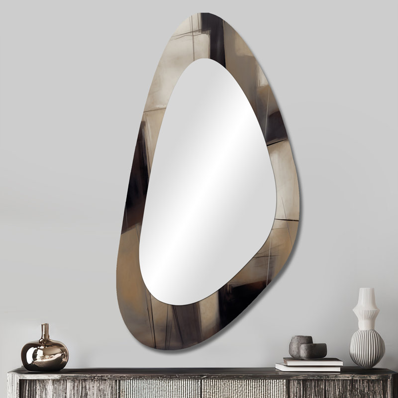Dearman Painting Of Abstract Shapes IV - Abstract Painting Unique Shape Mirror, Brown Asymmetrical Unique Wall Mirror, Printed Metal Art