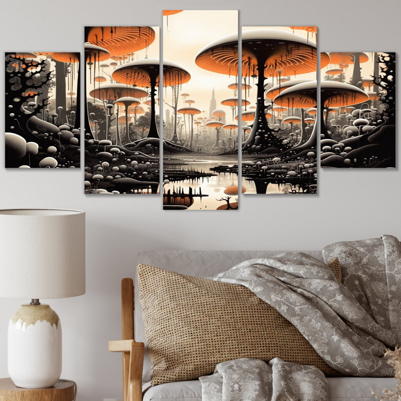 Magical Mushroom Retro Illustration I - Reproduction d'art mural abstrait paysage - 5 panneaux