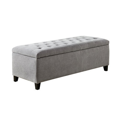 Banc de rangement à fermeture en douceur en gris pour la chambre à coucher ou le salon, avec couvercle et finition rembourrée