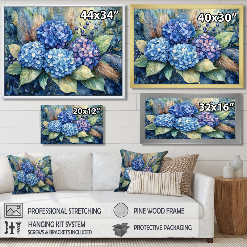 Jangrielle hortensias et plumes décor de ferme - art mural d'hortensias pour le salon, Argent argent, H 12 po x l 20 po
