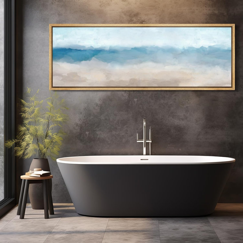 Coastal Beach, paysage abstrait apaisant bleu et beige, coups de pinceau, H 20 po x l 60 po, Naturel