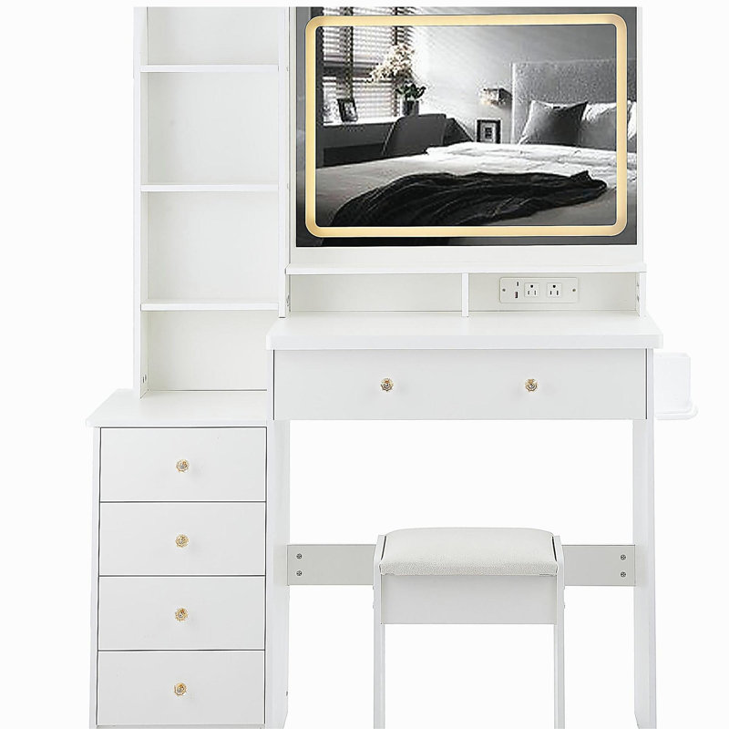 41" Large Size Left Bedside Cabinet Vanity Table+Cushioned Stool Dresser Set, 2 AC+2 USB Power Station, Hair Dryer Stand, Extra Large Touch Control LED Mirror, 3-color Switch, EPA, GCC, UL Certificate