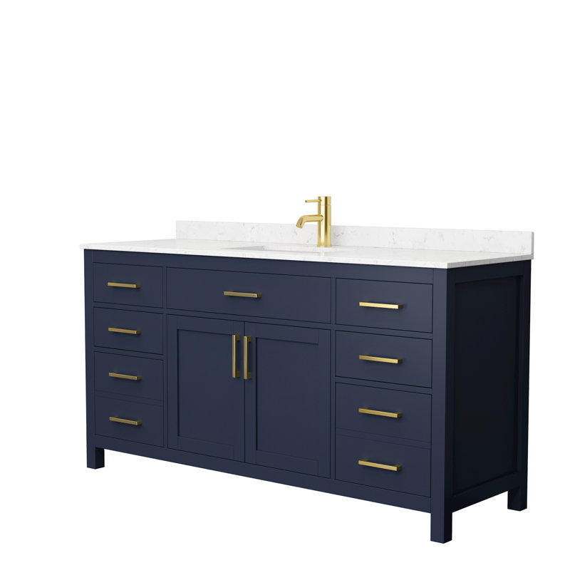 Beckett 66" Freestanding Single Bathroom Vanity with Cultured Marble Top, Carrara Cultured Marble, Dark Blue, Brushed Nickel