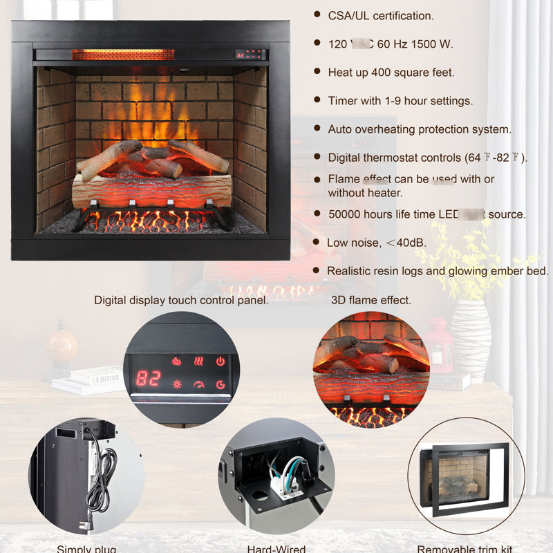 Infrared Electric Fireplace With Removable Trim Kit, 1500W Heat Generator, Smokeless Firebox, Adjustable Flame & Ember Brightness, 5000 /Hour, 400 Sq. Ft. Heating Area, 3 Installation Ways, /Ul