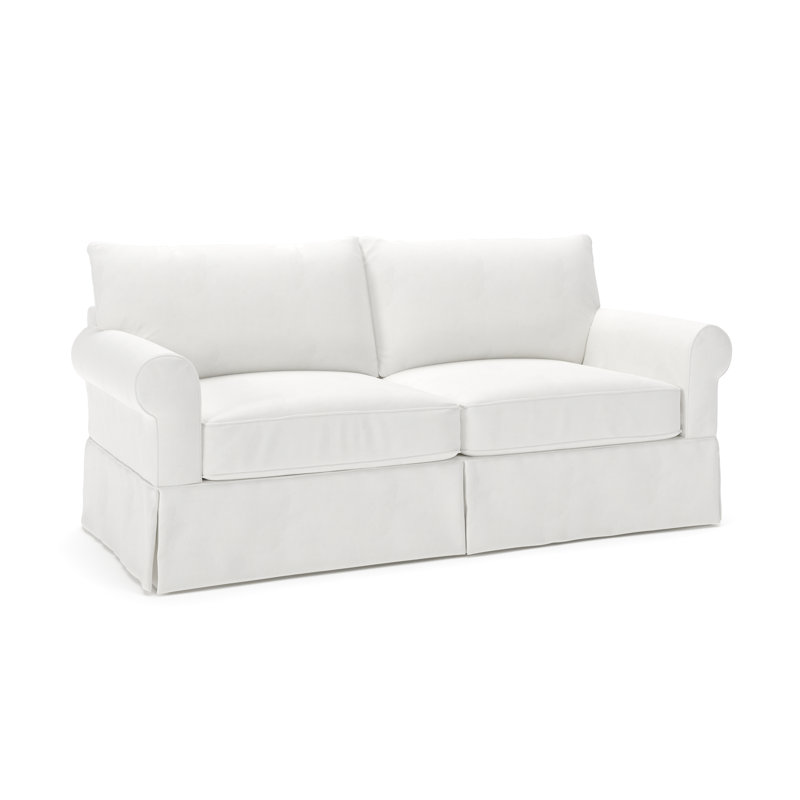 Canapé à accoudoirs roulés avec coussins réversibles de 84 po Amari, Blanc sergé décoloré classique