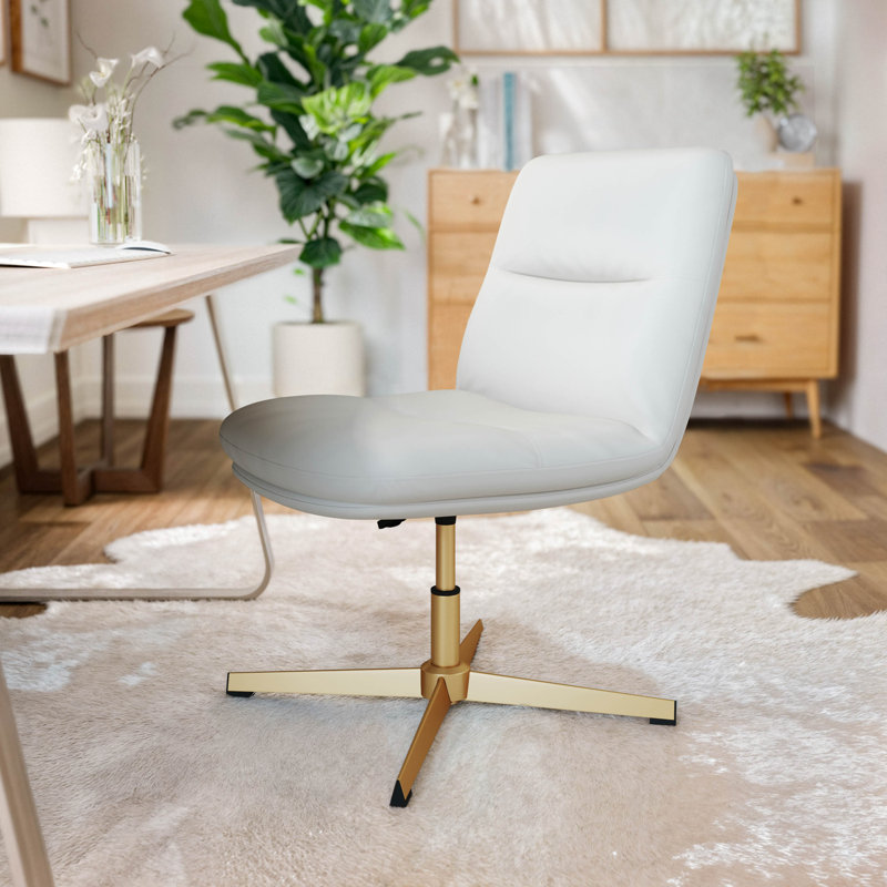 Commercial Mid-Back Padded Upholstered Swivel Office Chair, White, Gold