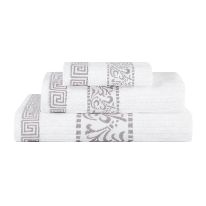 Jiro Athens 100% Cotton Medium Weight Floral Border Assorted Towel Set, White/Chrome