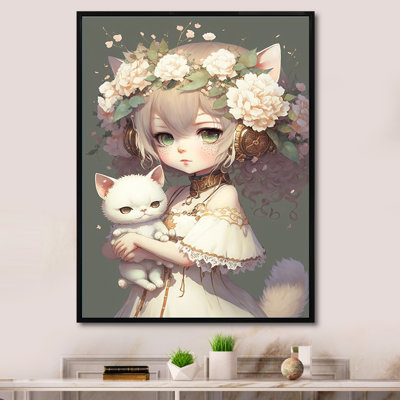 Edmundas, fille d'anime avec un chat blanc sur toile