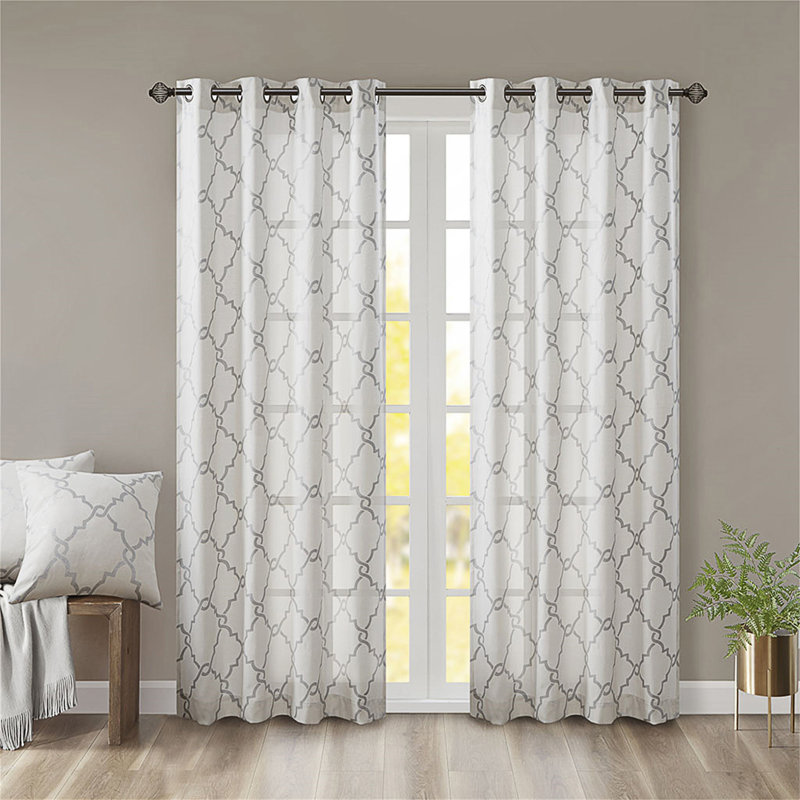 Panneau de rideau avec œillets à motif géométrique et fonctionnalité de filtrage de la lumière douce Frwork, Ivoire / Gris