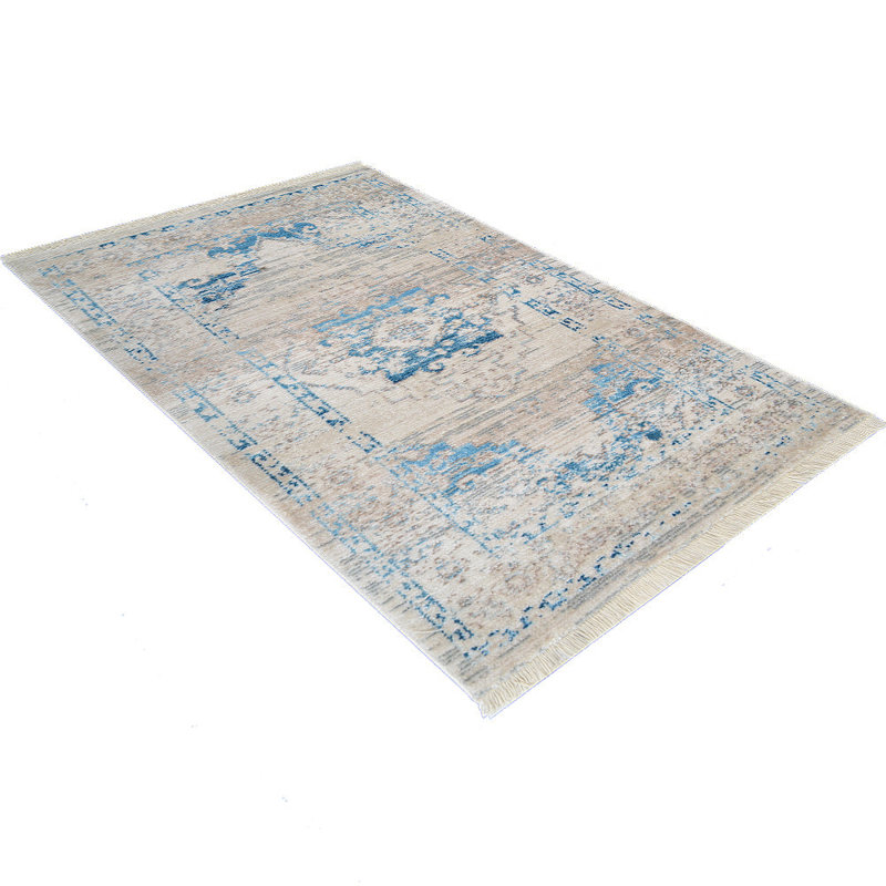 Machine Made Polyester Area Rugs  - Rectangle | Ivory Blue Color, Oriental Design, Low Pile Machine Made Area Rugs for Living Room, Bed Room