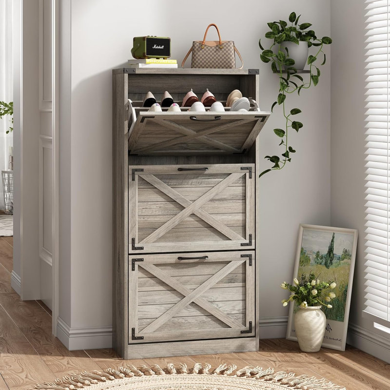Farmhouse Style Shoe Cabinet With Flip Drawers, Freestanding Entryway Organizer, Narrow Shoe Storage With Metal Accents, Gray