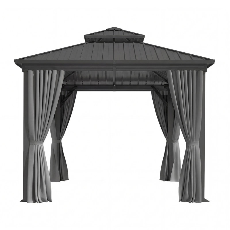 Outdoor Aluminum Hardtop Patio Gazebo with Curtain and Netting, 10 ft x 10 ft
