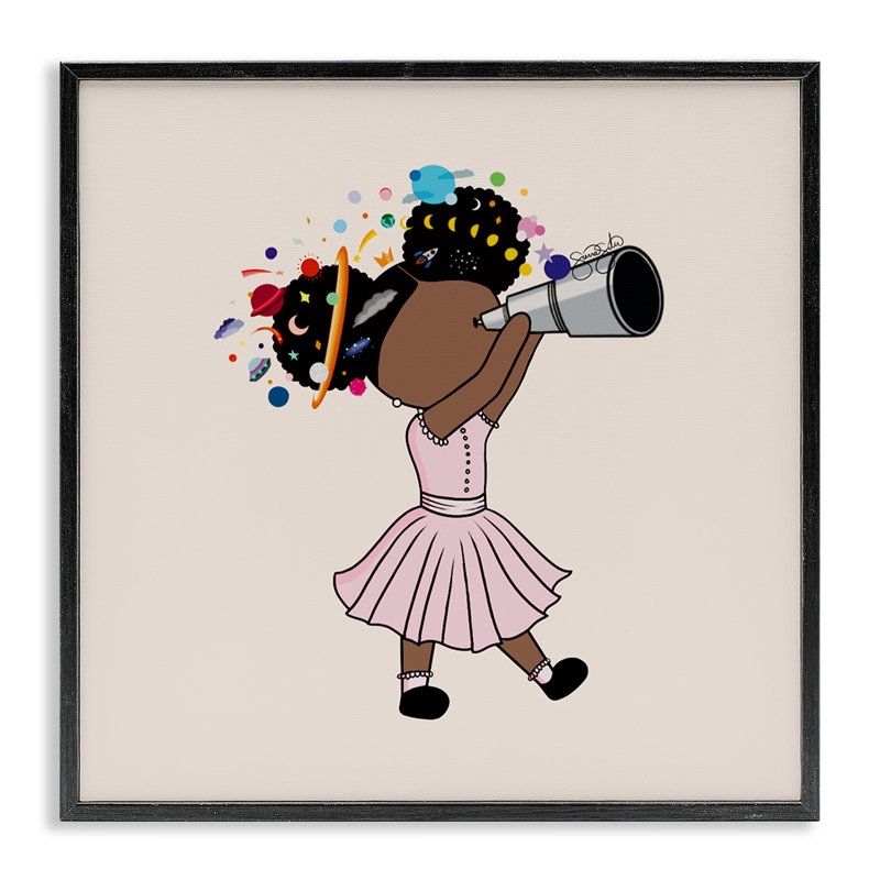 Celeste Girl with Telescope, giclée encadrée, design par Sierra Siler, Giclée encadrée noir minuit, H 12 po x l 12 po
