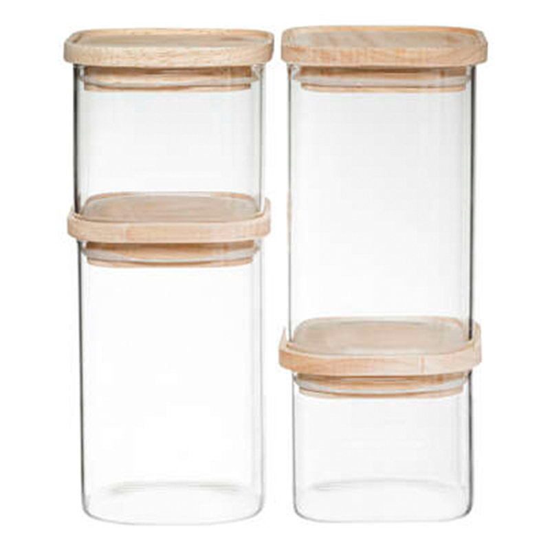 4 Piece Stackable Glass Storage Jar Set with Wood Air Sealed Lids