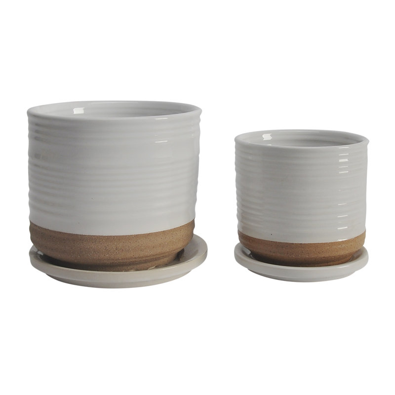 Balmer Ceramic Saucer Planter with Ribbed Texture, Striped White, 2