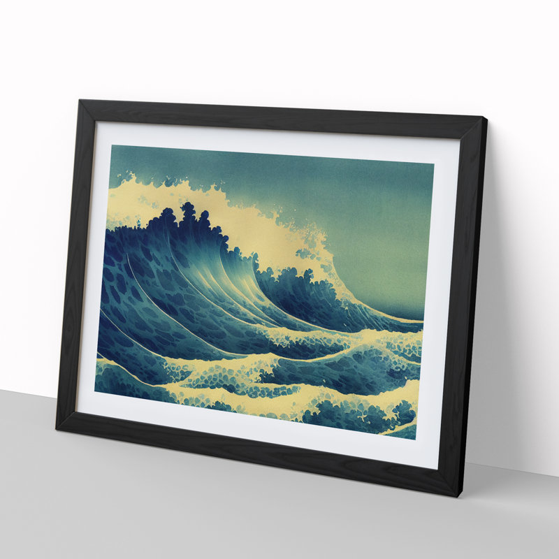 Watercolour Japanese Wave - Single Picture Frame Print, Black, 25cm H x 34cm W x 2cm D