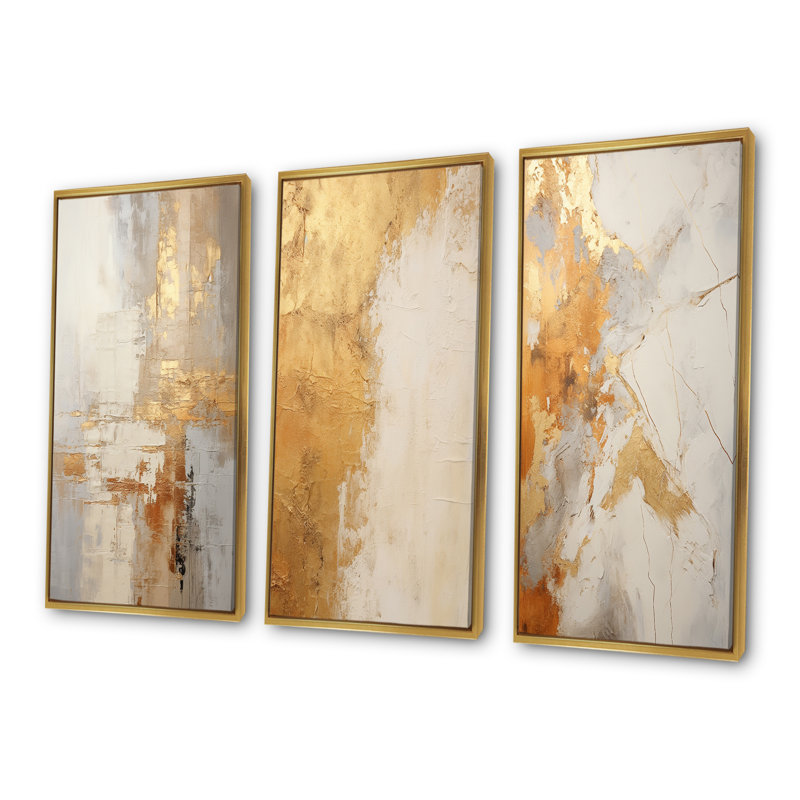 Gold And White Abstract Split - Abstract Shapes Wall Decor Set Of 3, Gold Floater Framed, 40" H x 60" W