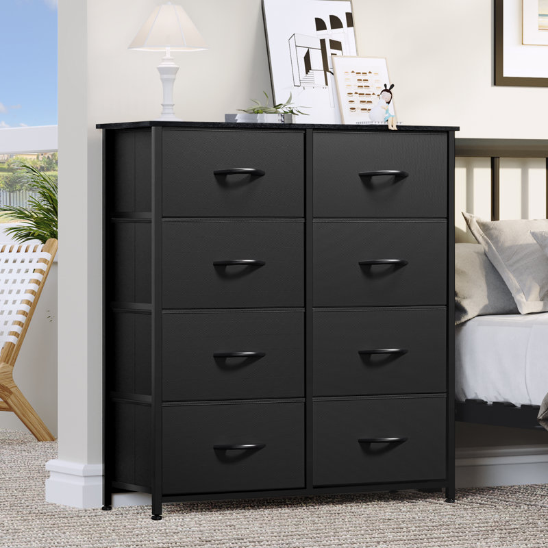 Kathiria 8 Drawer Double Fabric Dresser with Wood Grain Prints, Black/Rust Brown