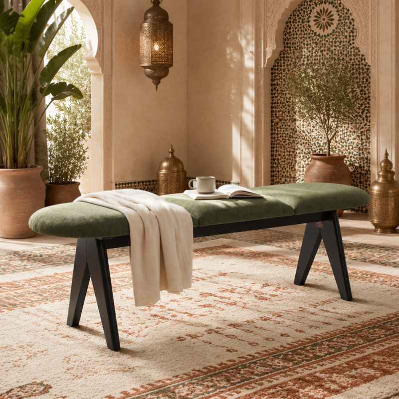 Banc rembourré avec pieds en bois noir, siège en tissu vert, fabrication en bois massif et manufacturé, capacité de 250 lb, banc d'entrée 53 po pour le salon et la chambre à coucher